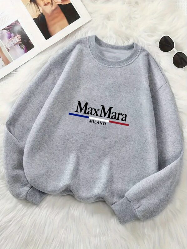 Women'S Max Mara Printed Crew Neck Sweatshirt, Casual Long Sleeve Pullover with "Maxmara" Design, All-Season Comfort, Soft Polyester Blend, Machine Washable, Everyday Comfort Apparel | Trendy Casual Style | Stretchy Fabric