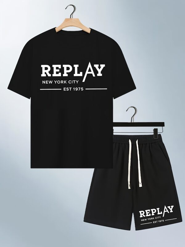 Men'S Casual "REPLAY" Graphic T-Shirt & Shorts Set - Navy Blue Tee with "REPLAY NEW YORK CITY EST 50.16meter Print, Black Drawstring Shorts, Perfect for Summer, Casual Attire|Graphic Print Tee|Lightweight Fabric - Image 3