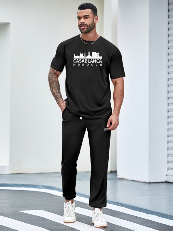 Men'S 2pcs Polyester Casual Set, Crew Neck T-Shirt with Casablanca Print & Elastic Ankle Pants with Drawstring, Deep Pockets, All-Season Knit Fabric, Regular Fit - 190gsm - Image 3