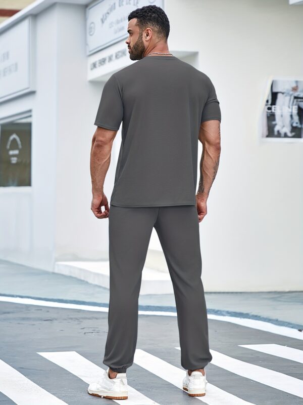 Men'S 2pcs Polyester Casual Set, Crew Neck T-Shirt with Casablanca Print & Elastic Ankle Pants with Drawstring, Deep Pockets, All-Season Knit Fabric, Regular Fit - 190gsm - Image 5