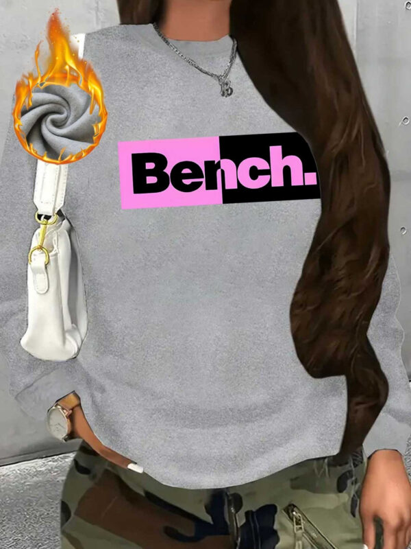 Women's Casual Thick Fleece-Lined Crewneck Sweatshirt - Bold "BENCH" Letter Print with Pink & Black Contrast, Red Base, All-Season Comfort, Machine Washable, Ladies Sweatshirts, Everyday Comfort, Trendy Sweatshirt, Ribbed Cuffs, Cozy Clothing, Stylish Casualwear, Soft Fleece Lining, Pullover Top, Fashion Lovers - Image 4
