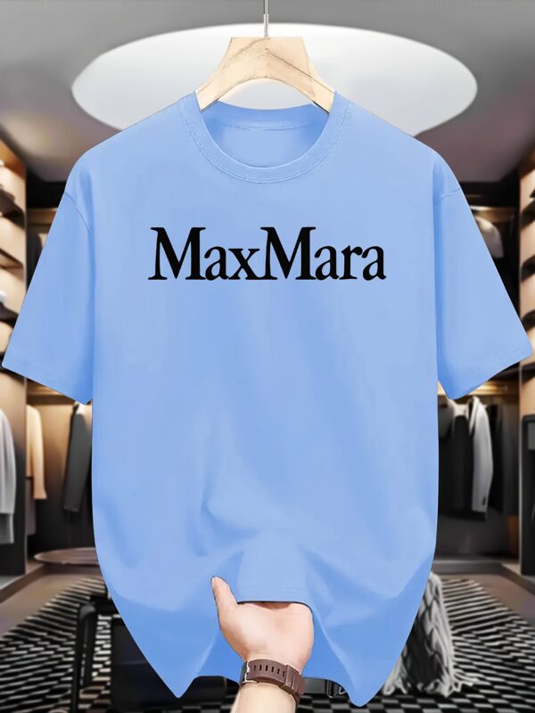 Men's Casual Summer Graphic T-Shirt - Navy Blue Round Neck Short Sleeve Tee with "MAX MARA" Print, Machine Washable, Versatile Fashion Top for Casual Attire, Casual Summer Wear | Trendy Casualwear | Durable Casual Shirt - Image 5