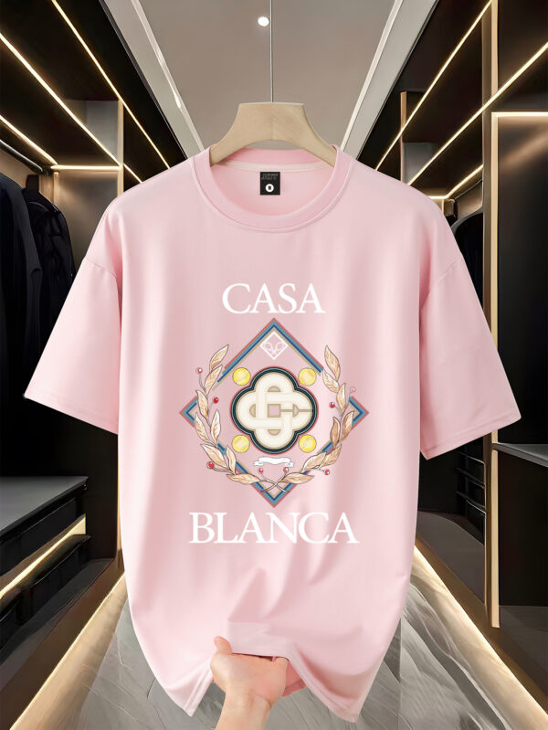 Men'S Trendy "Casa Blanca" Graphic T-Shirt - 100% Polyester Knit, Casual Crew Neck, Loose Fit, Summer Tee with Embossed Logo and Laurel Wreath Design, Casual Attire | Logo Print Tee | Polyester Fabri - Image 8