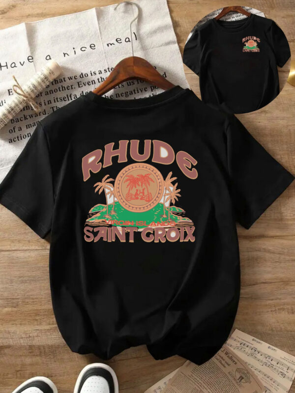 RHUDE Women's Short Sleeve T-Shirt - Black with Tropical Palm Tree & Alligator Print, Comfortable Fit, Casual Style, Machine Washable, Perfect for Casual Attire