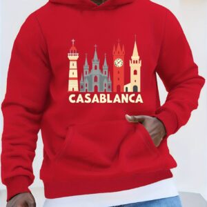 Men's Plus Size Red Casablanca Landmarks Graphic Hoodie - 100% Polyester Relaxed Fit Hooded Sweatshirt with Geometric Architecture Print, Machine Washable Casual Pullover, PLUS SIZE
