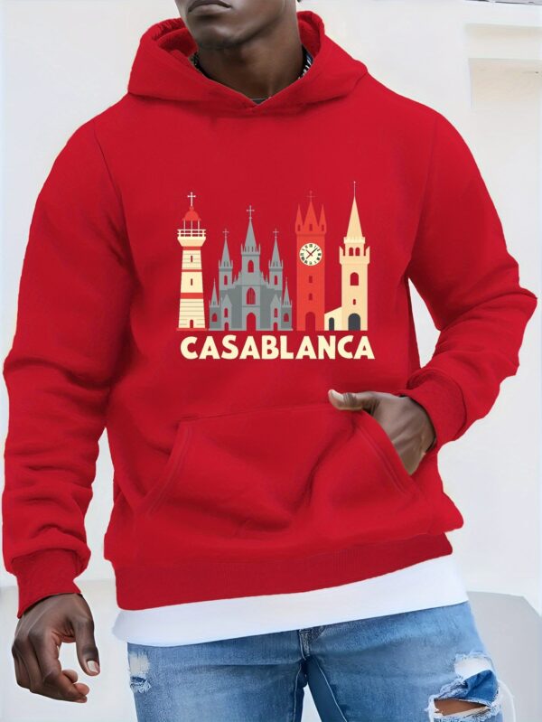 Men's Plus Size Red Casablanca Landmarks Graphic Hoodie - 100% Polyester Relaxed Fit Hooded Sweatshirt with Geometric Architecture Print, Machine Washable Casual Pullover, PLUS SIZE