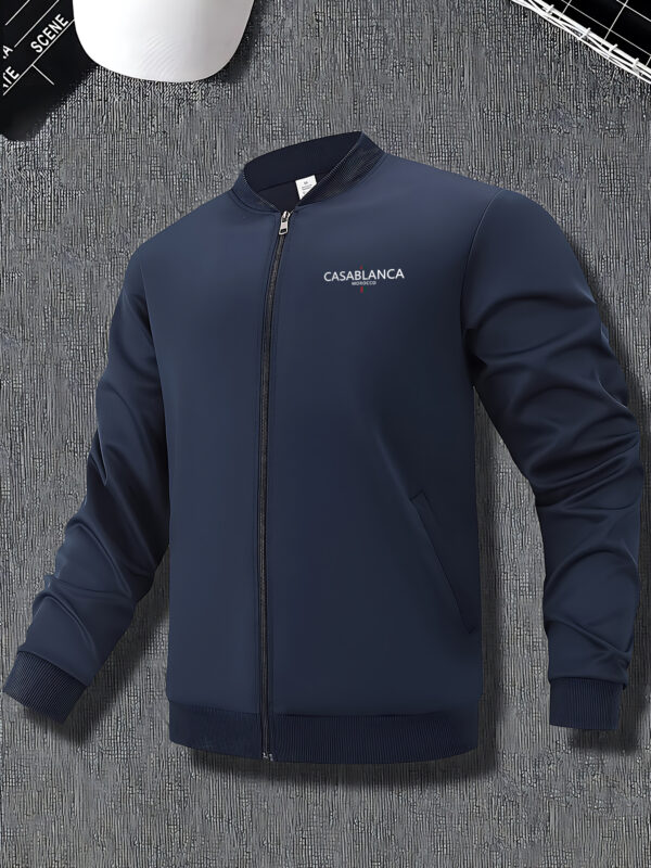 Men's Slim-Fit Casablanca-Inspired Printed Zip-Up Jacket - Black Stand Collar Casual Coat with Ribbed Cuffs & Hem, Machine Washable Polyester for Autumn/Winter, Versatile Streetwear Outerwear, Casual Attire, Sleek Design, Durable Fabric, Street Style - Image 5