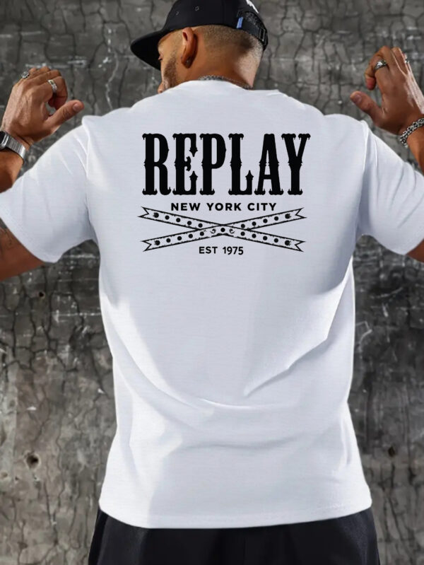 REPLAY Men's Vintage 1975 Graphic T-Shirt - Casual Short Sleeve Summer Tee with Geometric Print, Lightweight Breathable Fabric, Regular Fit, Machine Washable, Casual Attire - Image 3