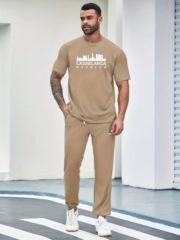 Men'S 2pcs Polyester Casual Set, Crew Neck T-Shirt with Casablanca Print & Elastic Ankle Pants with Drawstring, Deep Pockets, All-Season Knit Fabric, Regular Fit - 190gsm - Image 4