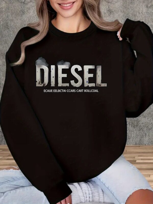Women'S Comfortable Fleece-Lined "Diesel" Graphic Sweatshirt - Casual Long Sleeve Crewneck Pullover, Black with White Print, Perfect for Fall & Winter