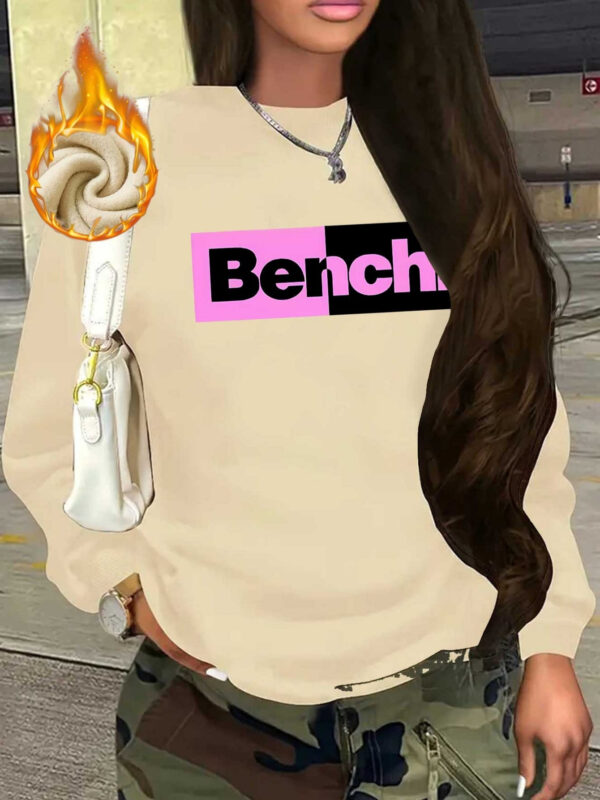 Women's Casual Thick Fleece-Lined Crewneck Sweatshirt - Bold "BENCH" Letter Print with Pink & Black Contrast, Red Base, All-Season Comfort, Machine Washable, Ladies Sweatshirts, Everyday Comfort, Trendy Sweatshirt, Ribbed Cuffs, Cozy Clothing, Stylish Casualwear, Soft Fleece Lining, Pullover Top, Fashion Lovers - Image 2