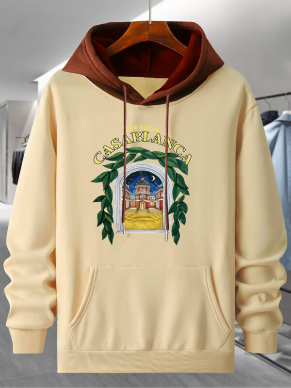 Men's Black & Yellow Color-Block Hooded Sweatshirt with Casablanca Graphic Print, 250g Heavyweight Pullover, Long Sleeve Casual Streetwear for Autumn/Winter, Sweater Hoodie, Winter Wear, Trendy Pullover, Quality Stitching, Pullover Hoodie, Men's Fashion - Image 3