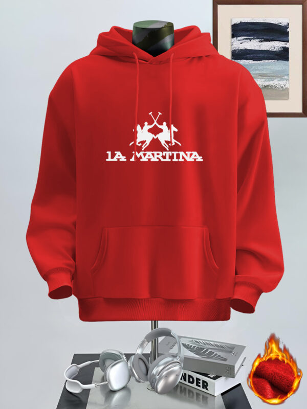 Men's Casual Streetwear Hoodie with LA MARRINA Graphic Print, Kangaroo Pocket & 100% Polyester - Beige Autumn/Winter Pullover, Machine Washable Regular Fit - Image 3