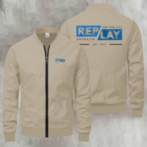 Men'S New York 1975 Print Fashionable Bomber Jacket - Casual Zip-Up Outerwear with Pockets, Skinny Fit, Beige, Perfect for Fall/Winter Outdoor Activities, New York Fashion