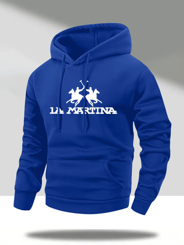 Men's Casual Hooded Sweatshirt - Rich Red Horseback Rider & L'MARTINA Graphic Print, Long Sleeve Pullover with Front Pocket, Machine Washable Autumn Winter Fashion - Image 4