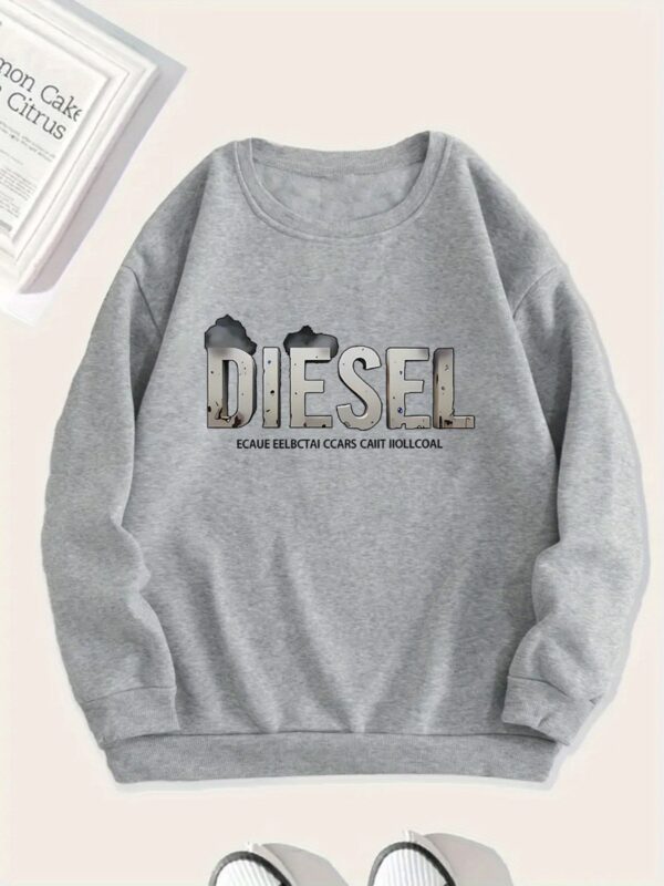 Women'S Comfortable Fleece-Lined "Diesel" Graphic Sweatshirt - Casual Long Sleeve Crewneck Pullover, Black with White Print, Perfect for Fall & Winter - Image 2