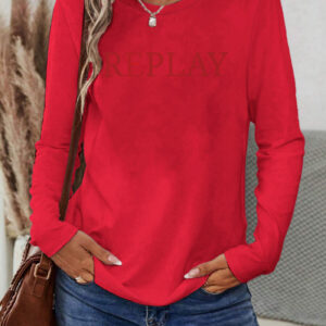 Women's Vibrant Red REPLAY Graphic Long Sleeve T-Shirt - Casual Round Neck Geometric Print Top, Machine Washable Spring/Summer Vacation Wear