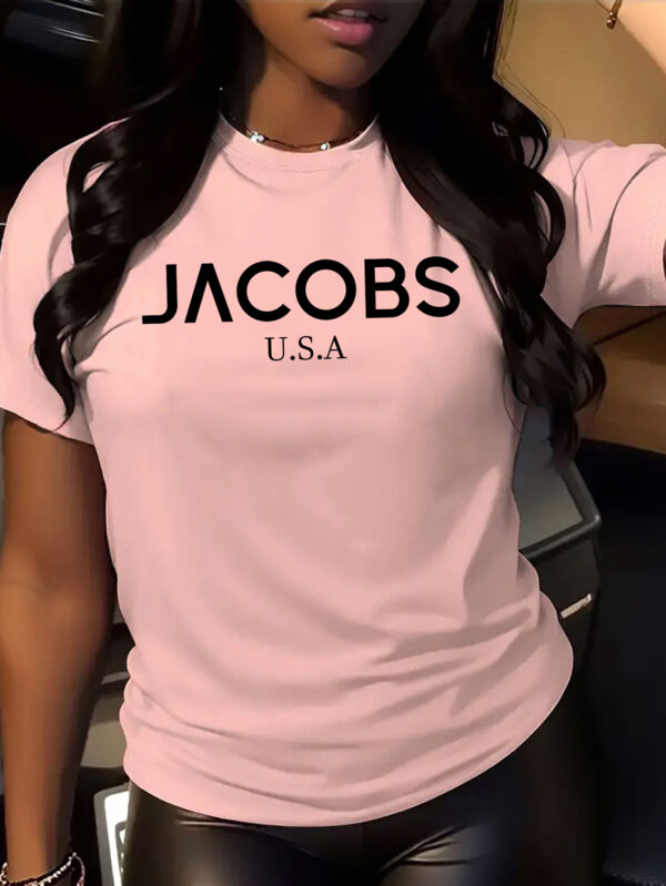 Jacob's Women's Casual Short Sleeve T-Shirt - Bold JACOBS U.S.A. Letter Print, Breathable Round Neck Tee, Machine Washable, All-Season Comfort for Casual Attire, Summer Fashion, Relaxed Fit Tee, Soft Fabric Shirt - Image 4