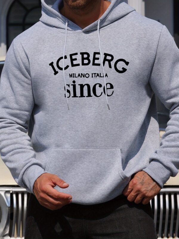Men's Casual Hoodie with ICEBERG Letter Print - Stretch Fabric Kangaroo Pocket Pullover, Regular Fit Long Sleeve Sweatshirt for Autumn Winter, Versatile Casual Attire, Hooded Neckline, Comfortable Texture - Image 4
