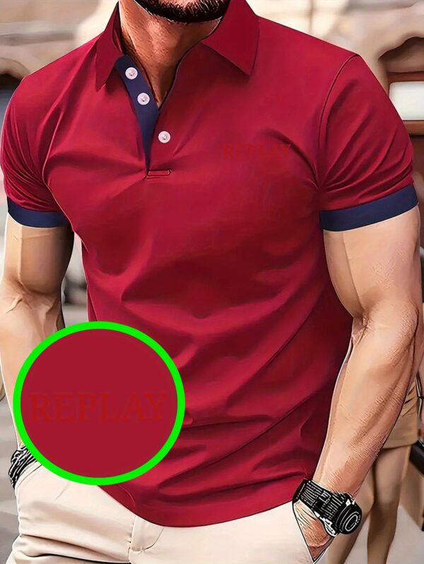 Men's Light Business Casual Shirt - 100% Polyester Breathable Summer Golf & Outdoor Shirt with Bold Red 'REPLAY' Letter Design, Machine Washable H-Fit - Image 2