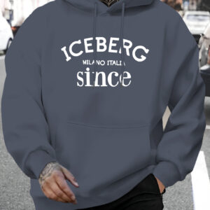 Men's Casual Hoodie with ICEBERG Letter Print - Stretch Fabric Kangaroo Pocket Pullover, Regular Fit Long Sleeve Sweatshirt for Autumn Winter, Versatile Casual Attire, Hooded Neckline, Comfortable Texture
