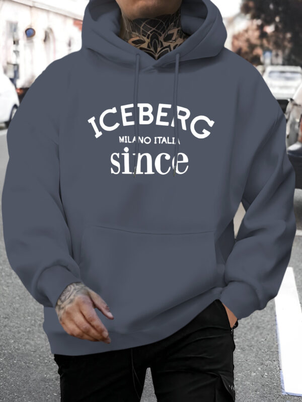 Men's Casual Hoodie with ICEBERG Letter Print - Stretch Fabric Kangaroo Pocket Pullover, Regular Fit Long Sleeve Sweatshirt for Autumn Winter, Versatile Casual Attire, Hooded Neckline, Comfortable Texture