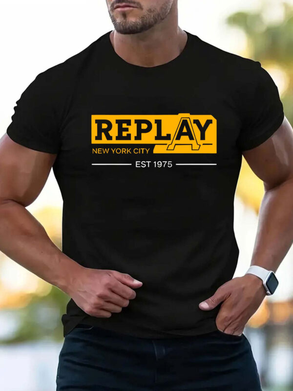 Men'S "REPLAY" Graphic T-Shirt - Casual Summer Short Sleeve, Beige with Bold Orange Lettering & Logo, Lightweight Polyester, Perfect for Outdoor Activities & Sporty Look, Summer Sportswear | Logo Print Tee | Knit Constructio - Image 5
