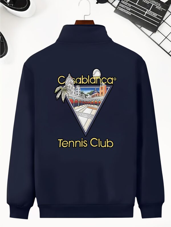 Casual Style | Elegant Tennis Court Print Bomber Jacket for Men - Slim Fit, Zip-Up, Stand Collar, Knit Polyester, Fall/Winter Fashion, Pockets Detail, Ideal for Casual Streetwear - Image 8