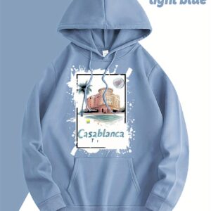 Casablanca Graphic Print Fleece-Lined Hooded Sweatshirt - Light Blue with Front Pocket & Adjustable Drawstring, Cozy Casual Pullover for Casual Attire, Machine Washable, Mother’s Day Gift, Cute Sweatshirts, Aerodynamic Clothing