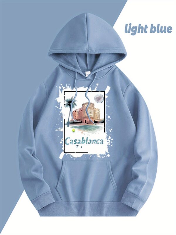 Casablanca Graphic Print Fleece-Lined Hooded Sweatshirt - Light Blue with Front Pocket & Adjustable Drawstring, Cozy Casual Pullover for Casual Attire, Machine Washable, Mother’s Day Gift, Cute Sweatshirts, Aerodynamic Clothing