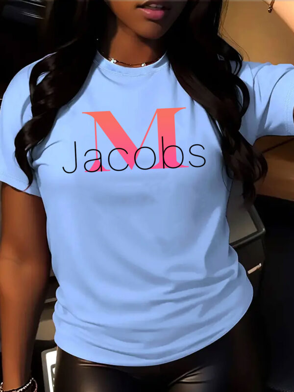 M Jacobs Women's Casual Short Sleeve T-Shirt - Bold Pink 'M' Letter Print on White, Breathable Round Neck Summer Top, Machine Washable Regular Fit Tee for Casual Attire - Image 3