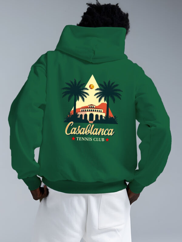 Casablanca Tennis Club Men's Graphic Print Hoodie - Black Relaxed Fit Sleeve Pullover with Palm Trees & Sunset Design, Machine Washable Autumn Winter Casual Outdoor Wear, Leisure Apparel | Nonstretch Fabric - Image 4