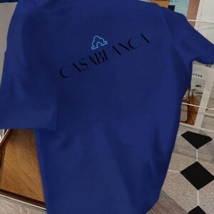 Men's Casablanca Logo Graphic T-Shirt - Short Sleeve, Royal Blue, Moroccan-Inspired Print, Lightweight Polyester, Summer Casual Wear