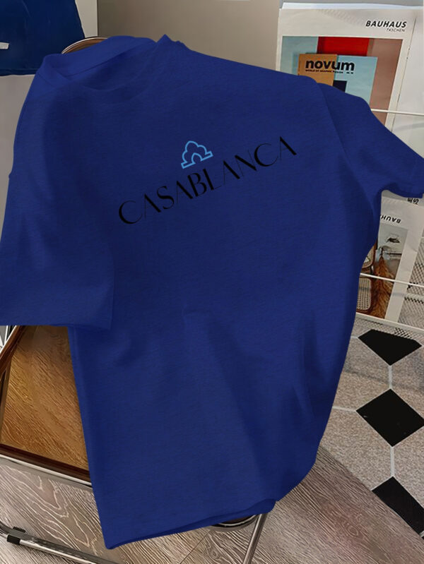 Men's Casablanca Logo Graphic T-Shirt - Short Sleeve, Royal Blue, Moroccan-Inspired Print, Lightweight Polyester, Summer Casual Wear