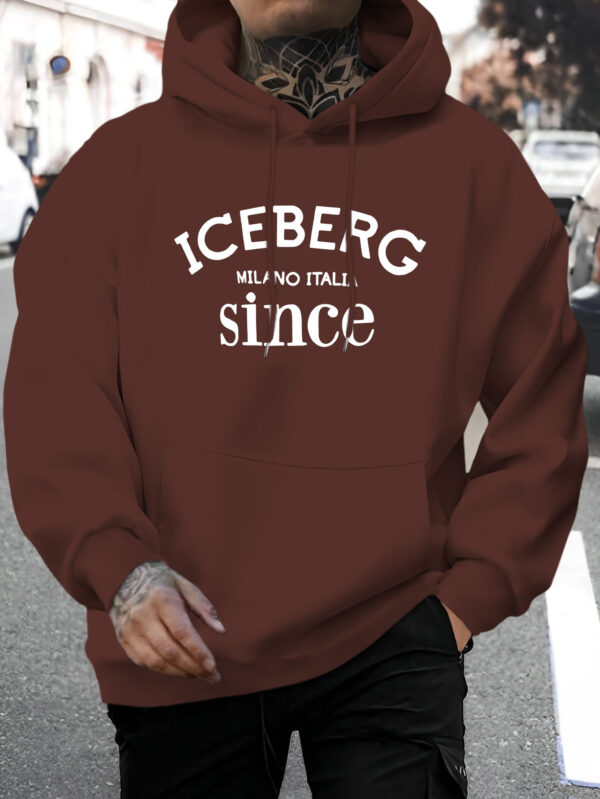 Men's Casual Hoodie with ICEBERG Letter Print - Stretch Fabric Kangaroo Pocket Pullover, Regular Fit Long Sleeve Sweatshirt for Autumn Winter, Versatile Casual Attire, Hooded Neckline, Comfortable Texture - Image 6