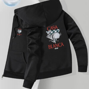 Men's Slim Fit Rabbit Print Hooded Jacket - Black Casual Zipper Front Coat with Checkered Accents & "CASA BLANCA" Text, Machine Washable Autumn Winter Outerwear, Sleek Design