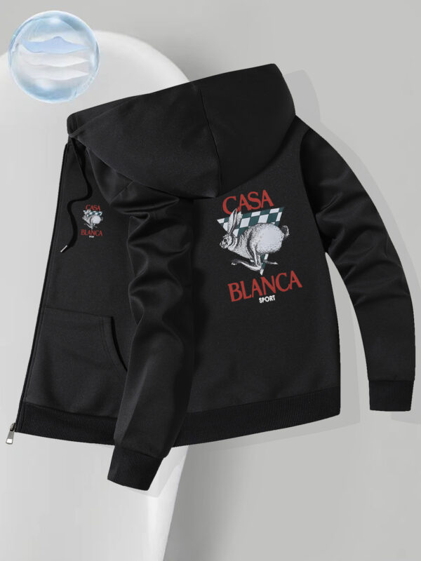 Men's Slim Fit Rabbit Print Hooded Jacket - Black Casual Zipper Front Coat with Checkered Accents & "CASA BLANCA" Text, Machine Washable Autumn Winter Outerwear, Sleek Design