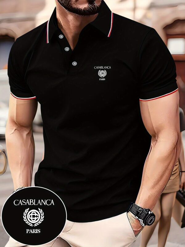 Men'S Casual Summer Polo Shirt with "CASABLANCA PARIS" Graphic Print - Green, Short Sleeve, Button-Up, Casual Sportswear for Outdoor Activities, Casual Sportswear | Casual Style | Casual Fit - Image 6