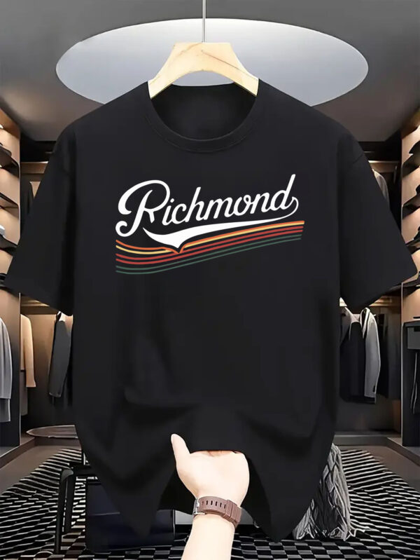 Men's Casual Short Sleeve T-Shirt with Richmond Letter Print - Light Pink & Black Graphic, Breathable Polyester, Regular Fit, Slight Stretch, Machine Washable Summer Essential, Everyday Tshirt | Casual Style | Polyester Fabric - Image 2