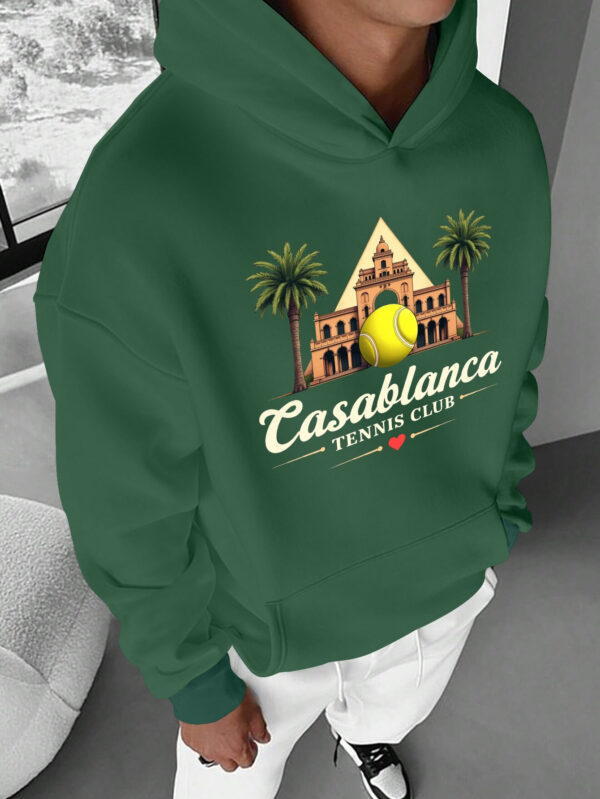 Men'S Casual Hoodie with Tennis Ball & Palm Tree Design - "Casablanca Tennis Club" Print, Loose Fit, Long Sleeve, Pockets, Fall/Winter Wear, Weekend Casual Attire, Tennis Club Apparel | Graphic Hoodie | Comfortable Fit Hoodie - Image 4