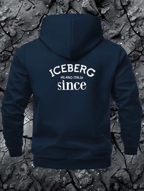 Men'S Navy Blue "ICEBERG MILANO ITALIA since" Hooded Sweatshirt - Casual Style with Zipper Closure, Polyester Lining, Pockets, Casual Wear|Hooded Jacket|Zippered Jacket - Image 3