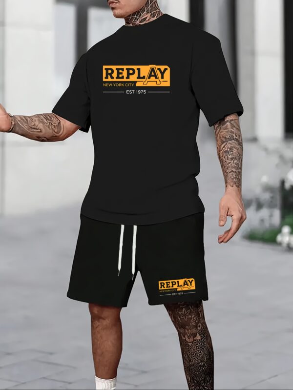 REPLAY New York City Fashion Set - Men'S Black Shorts & White T-Shirt Combo, Casual Sporty Style with Drawstring Waist, Crew Neck, Stretch Fabric, Summer Activewear|Urban Fashion|Polyester Fabri - Image 3
