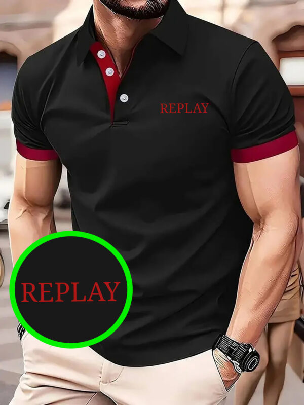 Men's Light Business Casual Shirt - 100% Polyester Breathable Summer Golf & Outdoor Shirt with Bold Red 'REPLAY' Letter Design, Machine Washable H-Fit - Image 3