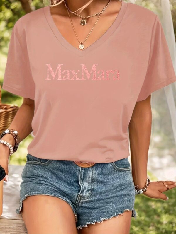 1pc MaxMara Printed Women'S Casual V-Neck T-Shirt - Soft Beige, Short Sleeve, Polyester Blend, Comfort Fit, Allseason Top, Casual Wear | Minimalist Style | Comfortable Fit Top - Image 6