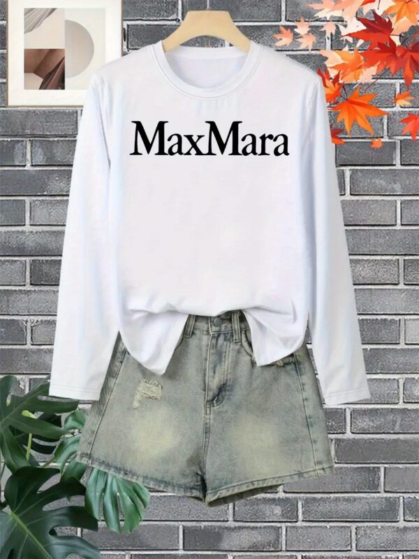 Women'S Casual Long Sleeve T-Shirt with "Max Mara" Print - Soft Polyester Crew Neck Top, Light Gray, Perfect for Fall & Winter, Everyday Clothing | Casual Style | Simple Design - Image 8