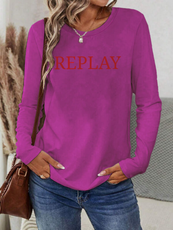 Women's Vibrant Red REPLAY Graphic Long Sleeve T-Shirt - Casual Round Neck Geometric Print Top, Machine Washable Spring/Summer Vacation Wear - Image 7