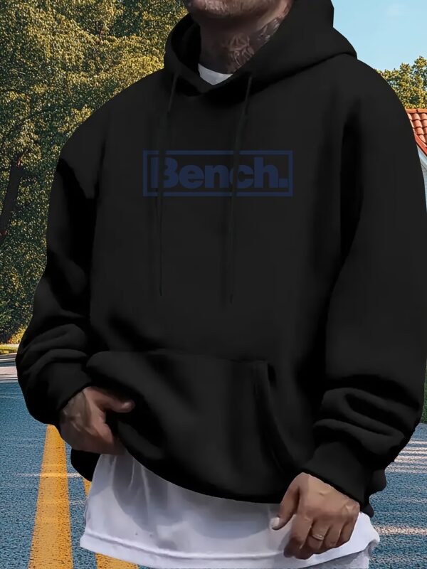Men'S Casual Fleece-Lined Hoodie with "BENCH" Print - Black, All-Season Comfort, Regular Fit, Ideal for Outdoor Activities, Outdoor Casual Wear|Hooded Sweatshirt|Fleece Lined Hoodie - Image 2