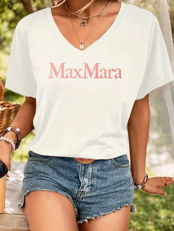 1pc MaxMara Printed Women'S Casual V-Neck T-Shirt - Soft Beige, Short Sleeve, Polyester Blend, Comfort Fit, Allseason Top, Casual Wear | Minimalist Style | Comfortable Fit Top - Image 4