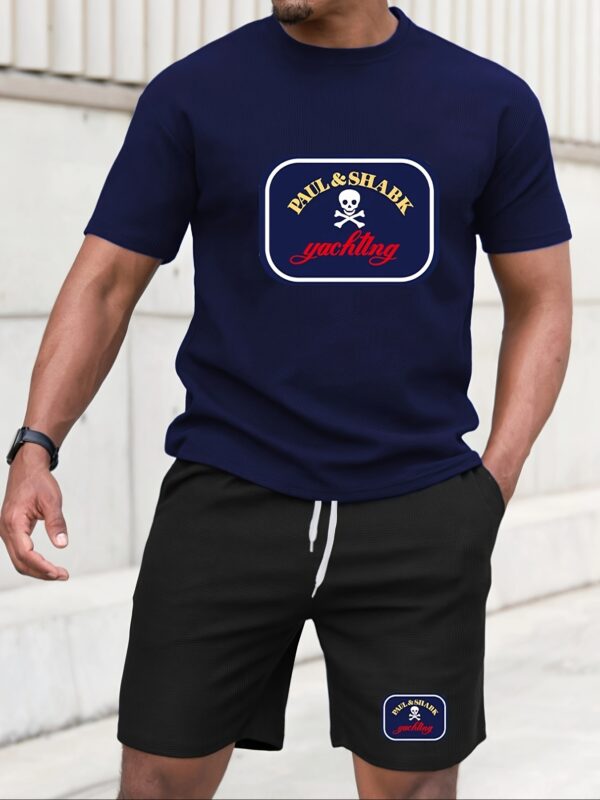 Men'S Print Casual T-Shirt Set, Sports Outfit with Round Neck Design, Soft Tee Top and Leisure Shorts, Cartoon Skull and Lettering Print, Two-Piece Set for All Seasons - Image 2