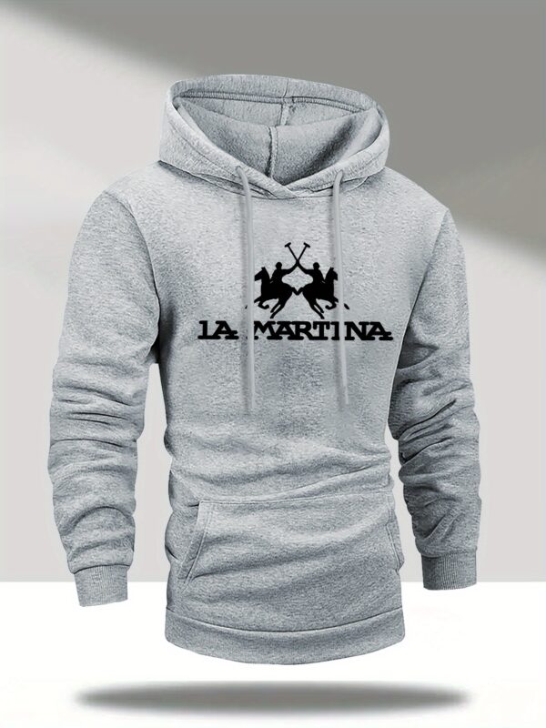 Men's Casual Hooded Sweatshirt - Rich Red Horseback Rider & L'MARTINA Graphic Print, Long Sleeve Pullover with Front Pocket, Machine Washable Autumn Winter Fashion - Image 6